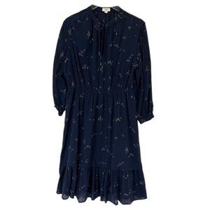 CLOSED | Navy Blue & Tan Microfloral Print Midi Dress Size Medium